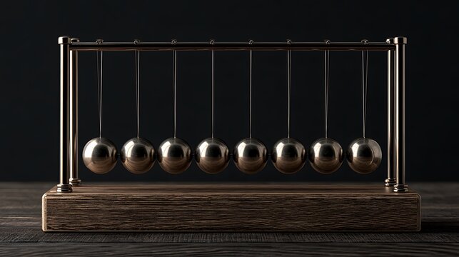 Newton's cradle with steel balls on a wooden base against a dark background. Symbolizing physics concepts and motion.