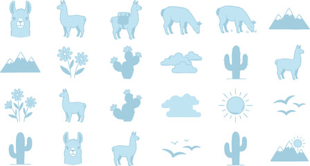 Llama icon set with desert elements. Cute alpaca vector collection for travel and nature design. © Septarim