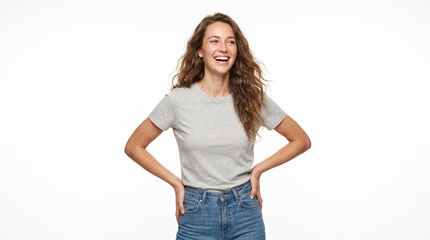 Obraz premium Young Caucasian Female Model in Blank T-Shirt and Denim Jeans on White Studio Background