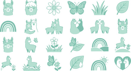 Cute llama icon set. Vector collection of alpaca characters with flowers and rainbows. © Septarim