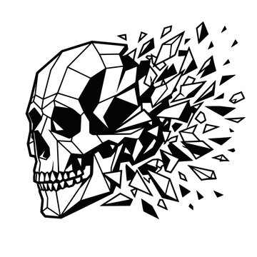 A geometric black and white skull shattering into sharp fragments, depicting disintegration and abstract art.