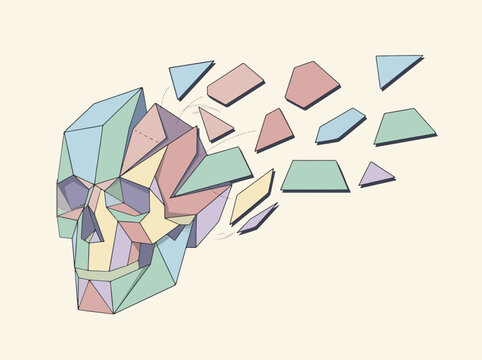 A geometric skull made of pastel polygons fragmenting and dissolving into abstract shapes.