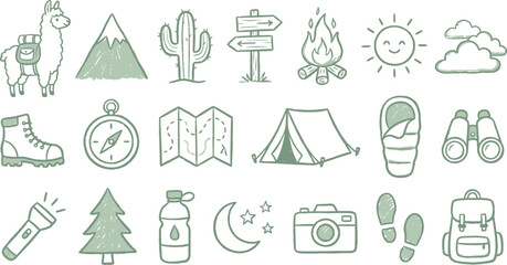 Camping and hiking icon set. Adventure travel doodles with llama, tent, and outdoor gear. © Septarim