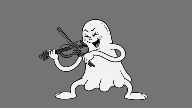 A vintage 1930s rubber-hose style ghost character laughing while enthusiastically playing the violin, set against a solid grey background. Perfect for spooky animations, Halloween promos, and retro mu