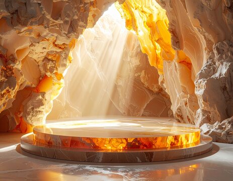 Golden light streaming onto marble podium in mysterious crystal cave backdrop
