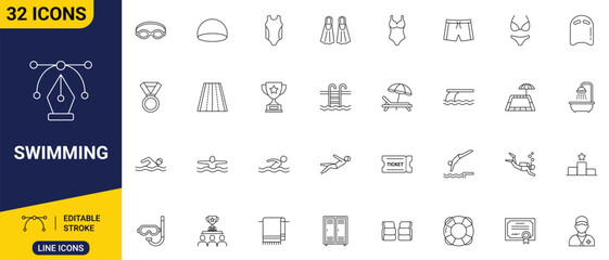 Swimming icon set. Outline icons featuring swimming, pool, water sports, athlete, diving, fitness, and recreation. Editable stroke. Full vector. © Tanjung Mulia