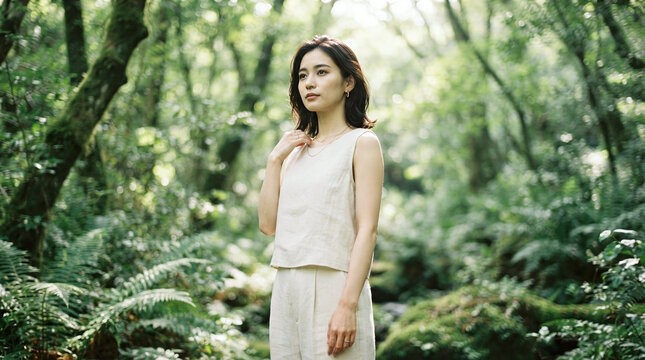 Asian Woman in White Dress Posing Thoughtfully in Lush Green Forest Landscape