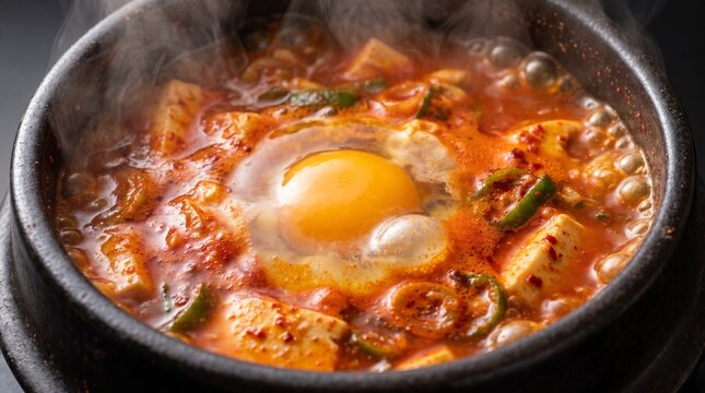 Kimchi Stew with Egg: A steaming bowl of bubbling kimchi stew, featuring soft tofu, chili flakes, and a perfectly cooked egg yolk, served in a traditional Korean stone pot, emitting an inviting aroma.