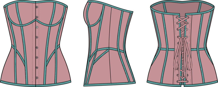 Women strapless lace up corset top fashion flat sketch technical drawing vector illustration apparel design template
