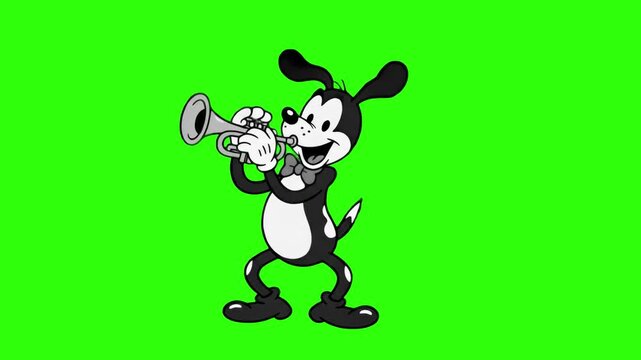 A cheerful 1930s rubber hose style retro cartoon dog character wearing a bowtie playing the trumpet isolated on a solid green chroma key background. Ideal for music promos, jazz event graphics, retro 