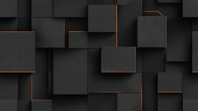 Seamless isometric 3D pattern of perfect canonical cubes with layered depth, dark graphite texture, subtle orange linear accents, sharp edges, ultra-clear geometric composition for print-ready designs