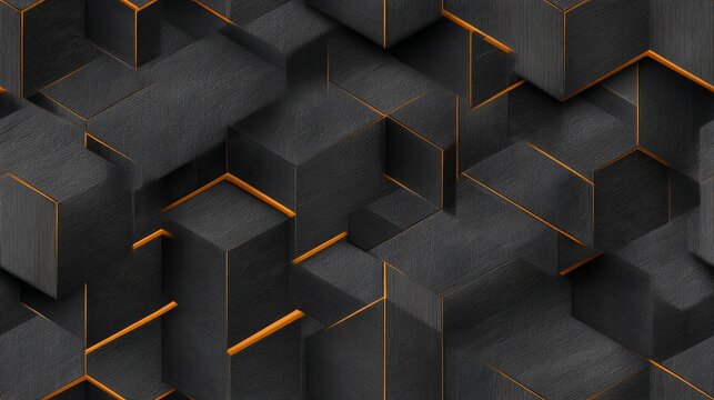 Seamless isometric 3D pattern of perfect canonical cubes with layered depth, dark graphite texture, subtle orange linear accents, sharp edges, ultra-clear geometric composition for print-ready designs