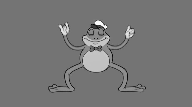 A detailed 3D model of a monochrome 1930s rubber hose style frog character wearing a sailor cap and bow tie dancing, isolated against a solid dark grey studio backdrop. Designed for classic black and 