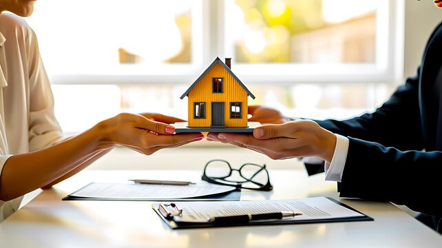 Real estate property handover with house model during home purchase agreement