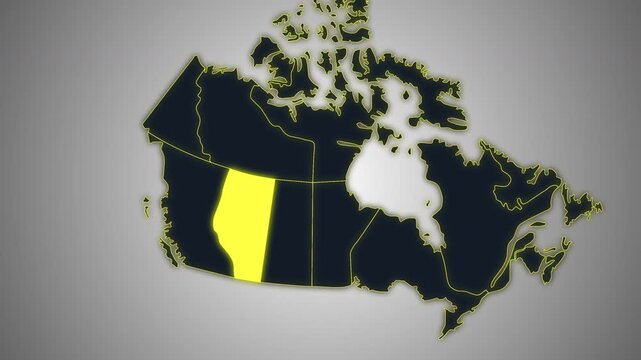 Animated glowing map of Alberta, Canada, with a highlighted outline on a dark gray gradient background, ideal for geography, travel, news, and infographic projects.