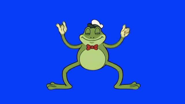 A cute 1930s rubber hose animation style frog wearing a bowtie and sailor hat, dancing joyfully on a solid blue backdrop. Great for kids entertainment clips, retro music videos, vintage cartoony overl