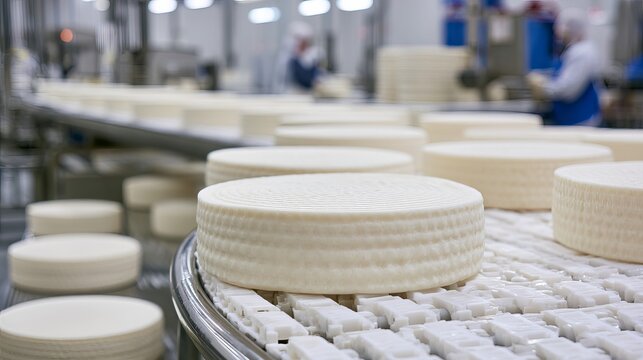 Industrial cheese wheels rolling smoothly on a conveyor belt in a modern dairy processing facility under bright factory lighting with clean white surfaces and organized machinery setup