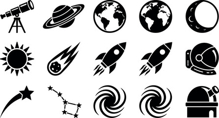 Outer space exploration and astronomy icon vector illustration set featuring rocket ships, planets, stars, telescope, and astronaut helmet isolated on white. © MDSOHAG