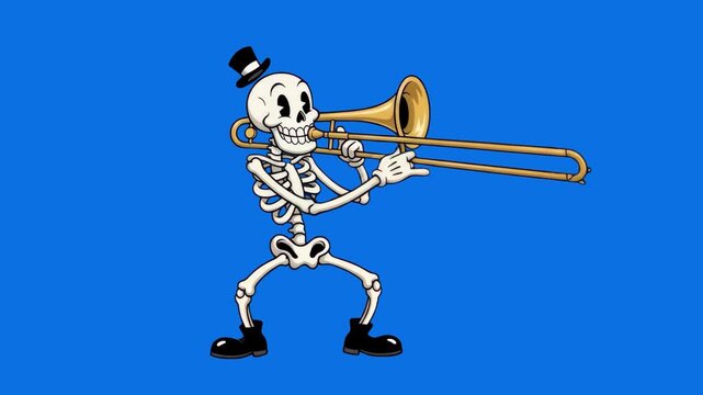 A 1930s rubber hose style cartoon skeleton wearing a mini top hat while playing a brass trombone, isolated on a bright blue backdrop. Ideal for jazz music promos, Halloween clips, vintage animation pr