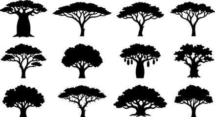 African savanna tree silhouette collection vector illustration set featuring baobab and acacia safari vegetation isolated on white background. © MDSOHAG
