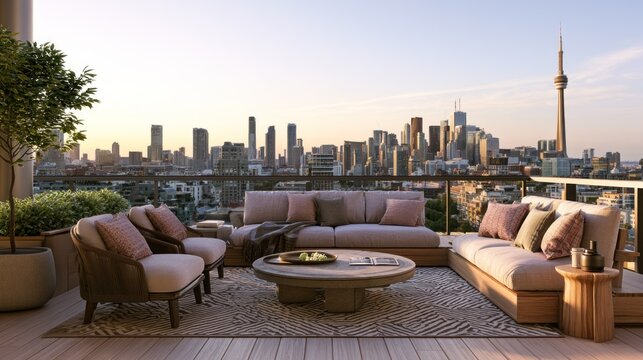 A modern, urban balcony with a view of the city skyline at sunset, featuring a pink sofa, armchair, and coffee table, with a potted plant and a fire pit on the left side.