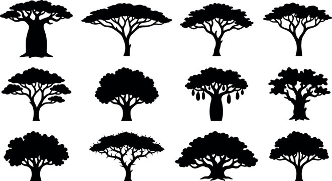 African savanna tree silhouette collection vector illustration set featuring baobab and acacia safari vegetation isolated on white background.