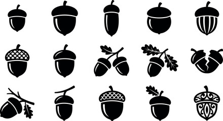 Oak tree acorn silhouette collection vector illustration set featuring autumn nuts, seeds with leaves, and decorative ornamental patterns isolated on white. © MDSOHAG