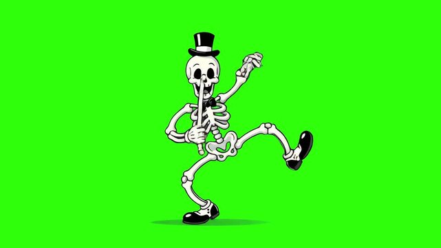 A classic 1930s rubber hose animation style skeleton wearing a top hat and bow tie, dancing high-kick style on a solid green chroma key background. Perfect for Halloween promos, vintage cartoon music 