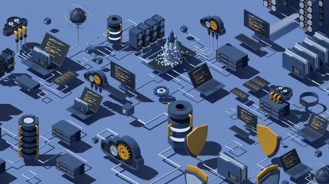 3D isometric data network management animation. Cloud storage data and synchronization of devices. Networking, database, cloud storage. Isometric technology. 4K video animated in isometric style