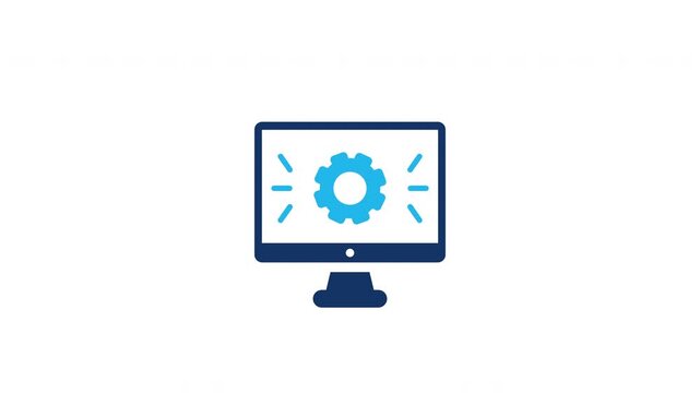 Seamless looping blue monitor and gear icon animation on white background for computer settings, software, IT, and digital technology concepts