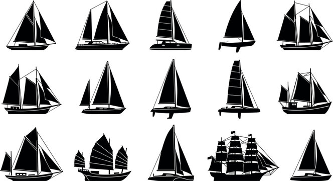 Sailboat and historic ship silhouette collection vector illustration set featuring yachts, catamarans, galleons, and vessels isolated on white background.