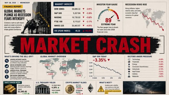 Market Crash Match Cut Animation, Stock Market Collapse Headline, Financial Crisis News Transition, Economic Downturn Background