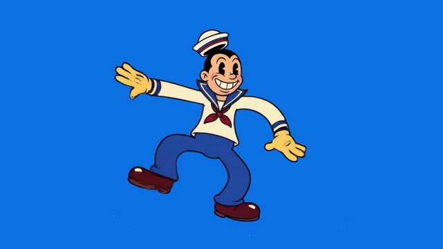 A cheerful 1930s rubber-hose style sailor man in a classic navy hat and uniform dancing against a solid blue background. Great for nautical themes, vintage animation projects, maritime promos, and mus