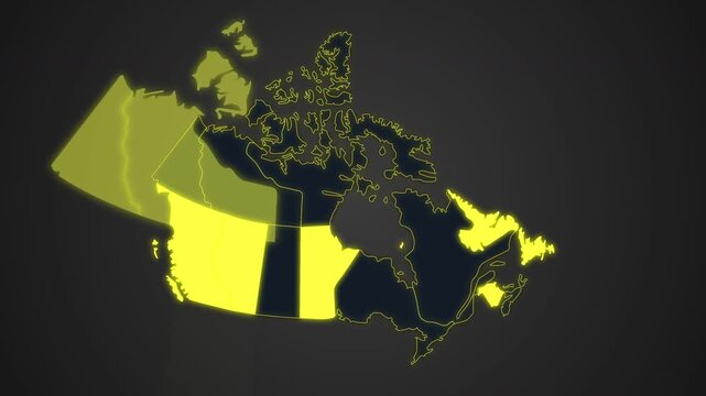 Animated map of Canada with highlighted provincial and territorial borders, ideal for geography, travel, news, education, business, and infographic projects.