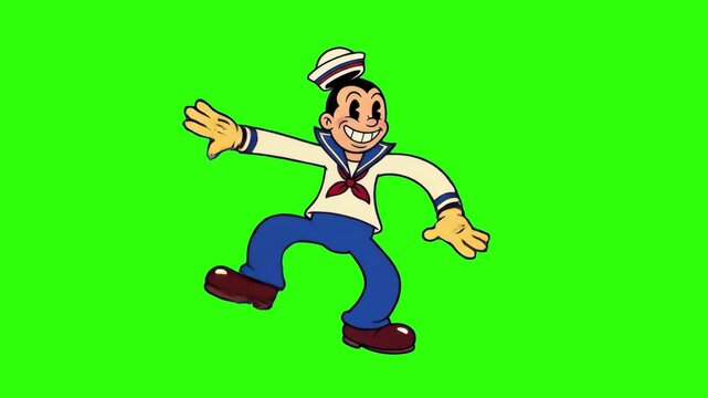 A 1930s rubber hose animation style sailor man character dancing with joy on a solid green chroma key background. Designed for easy keying into nautical videos, retro motion graphics, music clips, and