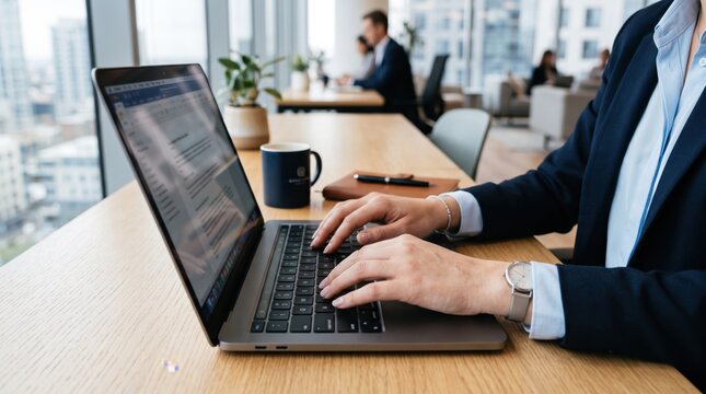 Business professional typing on laptop keyboard in modern office with city view, corporate work environment and digital productivity concept.