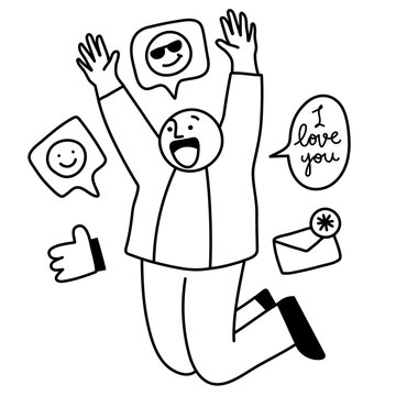 Happy man png receiving likes, social media interactions doodle on transparent background