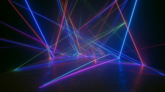 Vibrant neon laser beams cutting through a dark, moody night sky with dynamic light trails creating an electrifying futuristic visual spectacle