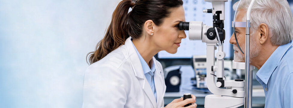 Woman ophthalmologist examining eyes of senior man using slit lamp in medical clinic. Professional eye checkup and vision diagnosis. Banner with copy space