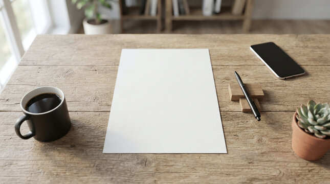 Blank Paper Mockup on Wooden Desk with Coffee Cup Pen and Smartphone Top View Workspace Setup