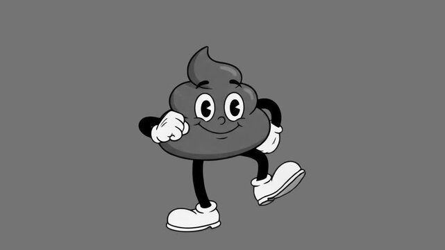A black-and-white 1930s rubber hose style cartoon poop mascot wearing white gloves dancing joyfully against a grey studio backdrop. Perfect for funny vintage animations, humorous promos, social media 