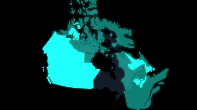 Animated map of Canada with highlighted provincial and territorial borders, ideal for geography, travel, news, education, business, and infographic projects.