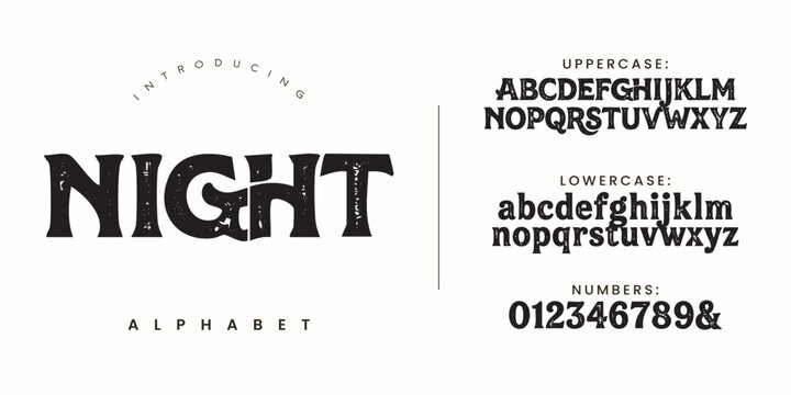 Night distressed grunge bold font alphabet with uppercase lowercase and numbers for spooky themes
