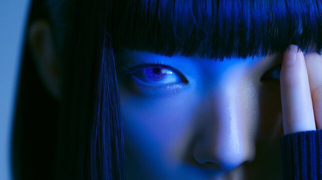 A striking close-up portrait of a mysterious individual with intense violet eyes and dark, textured hair under dramatic blue-toned lighting, evoking a sense of deep contemplation and ethereal allure