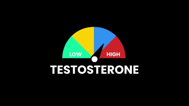 Animation testosterone level gauge indicator medical chart shows low testosterone levels in yellow, green, blue, and red. Suitable for medical reports or educational materials.
