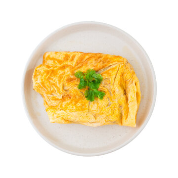 homemade fried beaten egg with green parsley on white ceramic round plate including clipping path, Thai style omelet