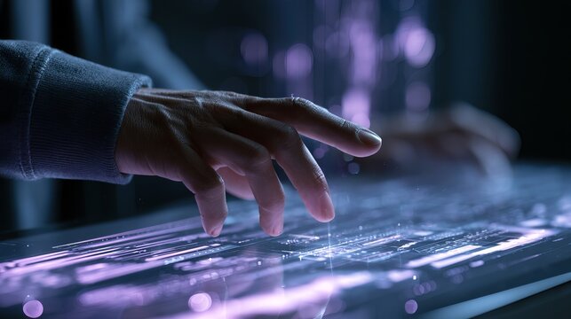 A futuristic tech professional delicately interacts with a holographic interface on a sleek, illuminated tablet under dimmed ambient lighting in a high-tech workspace