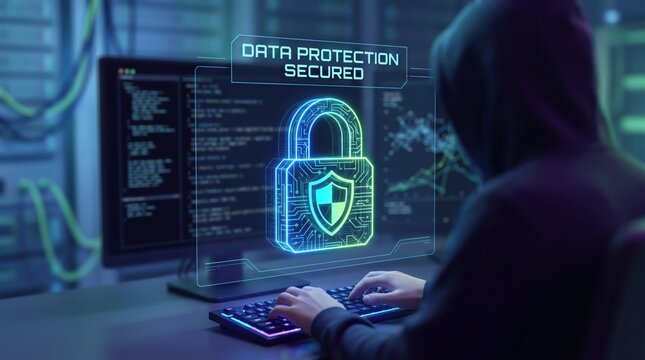 Cybersecurity, hooded hacker typing code on keyboard with holographic data protection secured padlock icon, digital privacy shield against cyber attacks and online threats