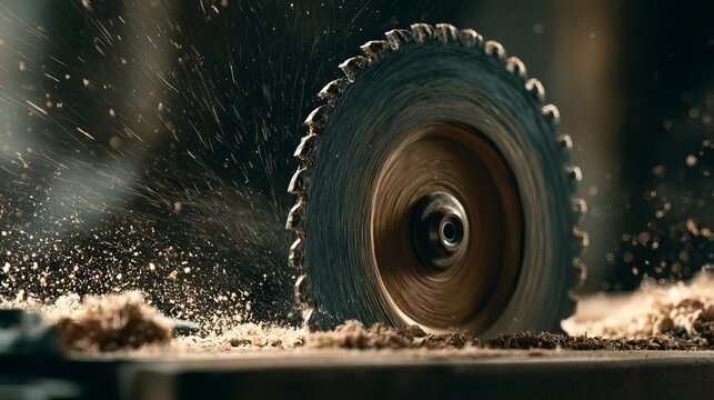 Intense woodworking action captures a circular saw blade spinning rapidly while fine wood shavings explode outward in a dynamic dust cloud against a dimly lit workshop backdrop