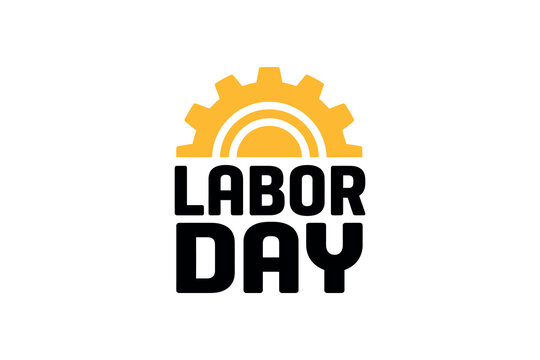 Labor Day typography vector emblem featuring a yellow gear cog rising like a sun above bold black text for industrial holiday graphic design.